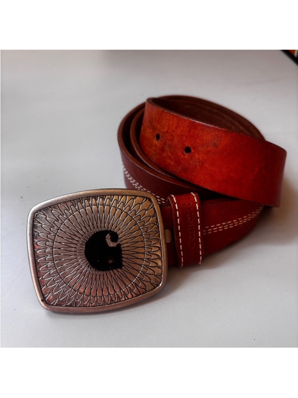 Carhartt Brown Cowhide Leather Belt Silver Logo Buckle Size Medium WA011 Nubuck